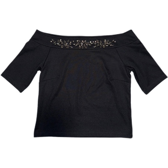 Black boatneck/off the shoulder top with rhinestones - Picture 1 of 2